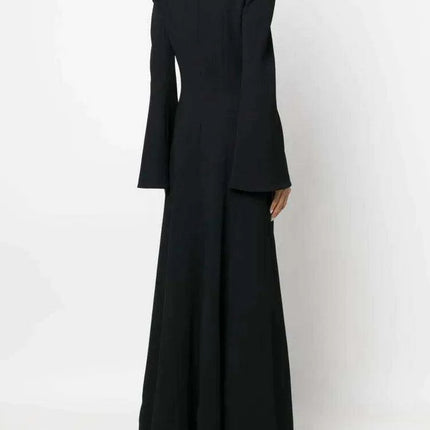 Full-Length Evening Gown with Flare Sleeves and Deep V-Neck