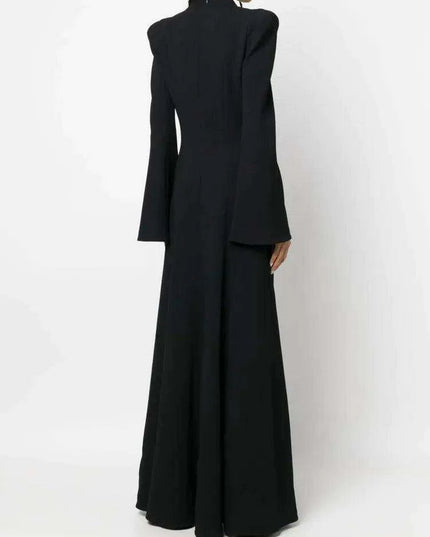 Full-Length Evening Gown with Flare Sleeves and Deep V-Neck