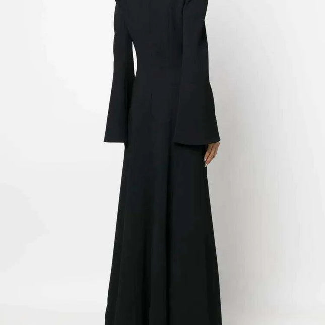 Full-Length Evening Gown with Flare Sleeves and Deep V-Neck