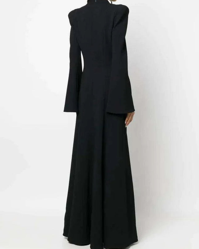 Full-Length Evening Gown with Flare Sleeves and Deep V-Neck