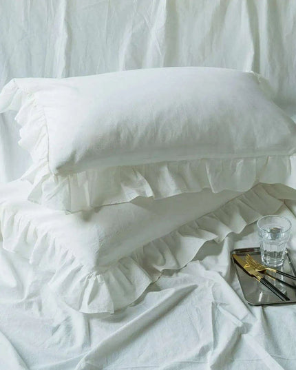 Romantic Vintage White Ruffled King Duvet Cover Set - 100% Cotton Lace Bedding 4pcs