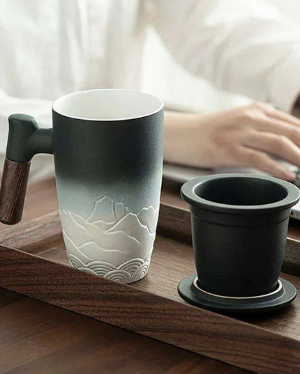 Chic Retro Ceramic Tea Mug with Wooden Lid and Handle - Perfect for Gifting at Home or Office