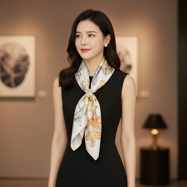 Luxury Floral Silk Scarf – 90x90cm Hand-Rolled Twill