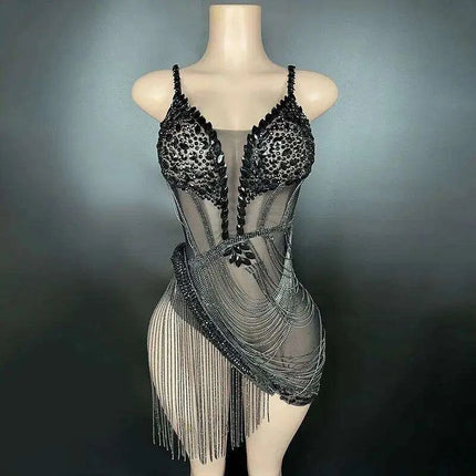 Sparkling Black Rhinestone Mini Dress with Playful Fringe