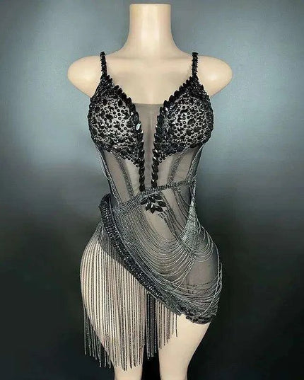 Sparkling Black Rhinestone Mini Dress with Playful Fringe