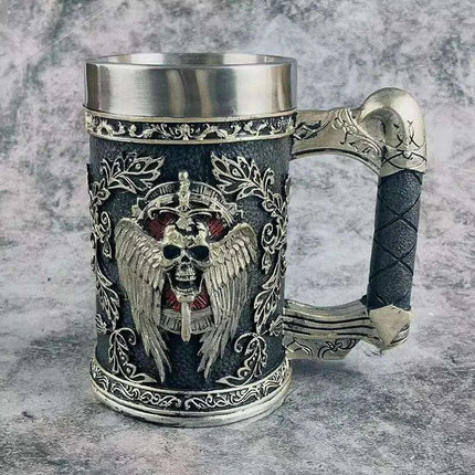 Medieval Angel of Death Skull Stainless Steel Beer Mug - 600ML Unique Horror Design