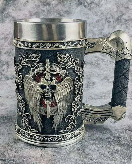 Medieval Angel of Death Skull Stainless Steel Beer Mug - 600ML Unique Horror Design