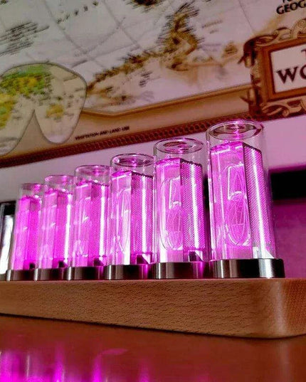 Retro RGB Nixie Tube Clock with Stylish Wooden Base - LED Alarm Timepiece for Unique Desktop Decor and Gifting
