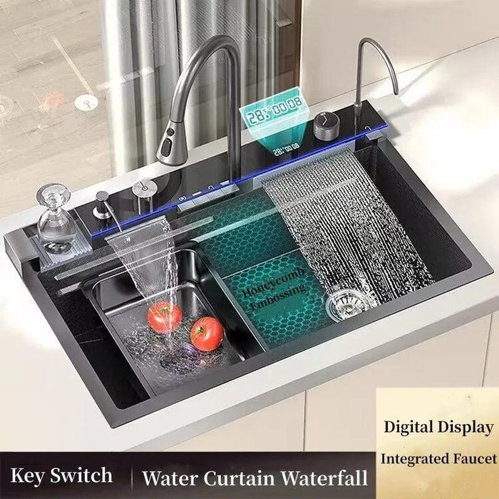 304 Stainless Steel Waterfall Kitchen Sink Faucet Set with Digital Display