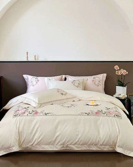 Luxurious 1000TC Egyptian Cotton Floral Embroidered Bedding Set - Cream, Pink, and Green Duvet Cover, Sheet, and Pillowcases