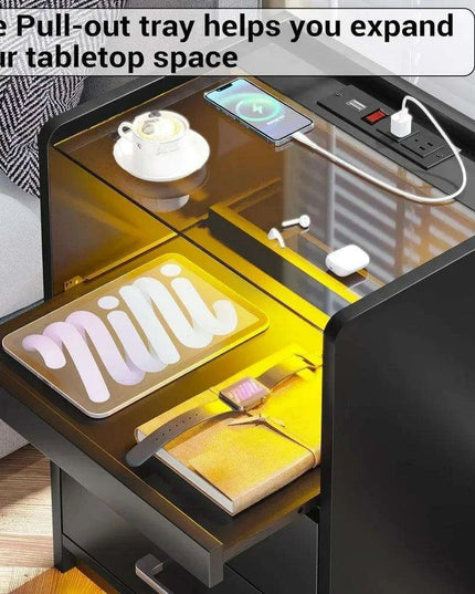LED Smart Nightstand with Charging Station and Pull-out Tray - Modern Design with 2 Drawers