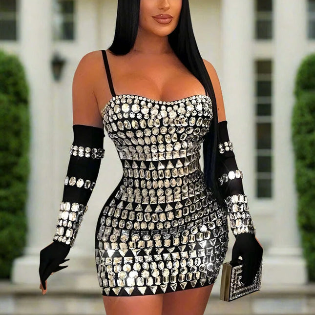 Elegant Diamond-Embellished Bodycon Mini Dress with Matching Gloves for Women - Ideal for Weddings and Special Celebrations