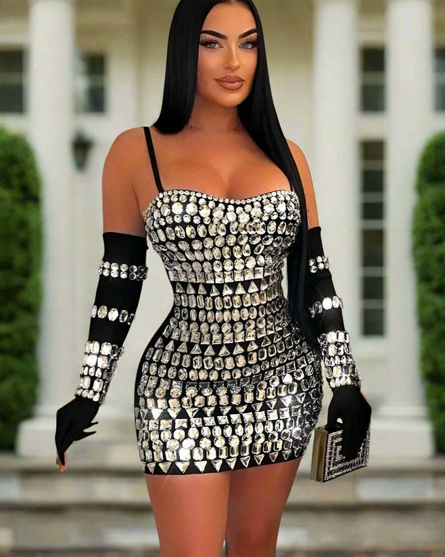 Elegant Diamond-Embellished Bodycon Mini Dress with Matching Gloves for Women - Ideal for Weddings and Special Celebrations