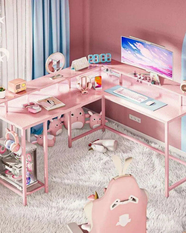 Pink Carbon Fiber L-Shaped Gaming Desk with Custom LED Ambiance, Power Ports, and Ample Storage
