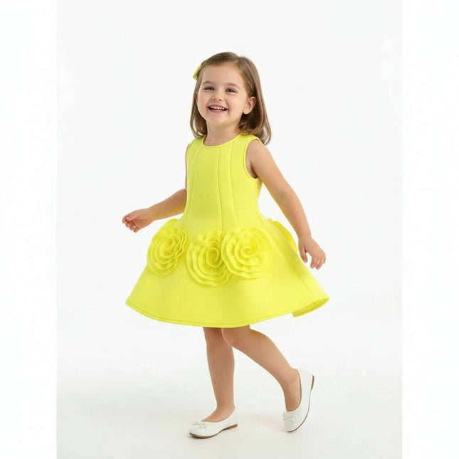 Sunny Yellow Floral Children's One-Piece Dress - Ideal for Weddings and Celebrations