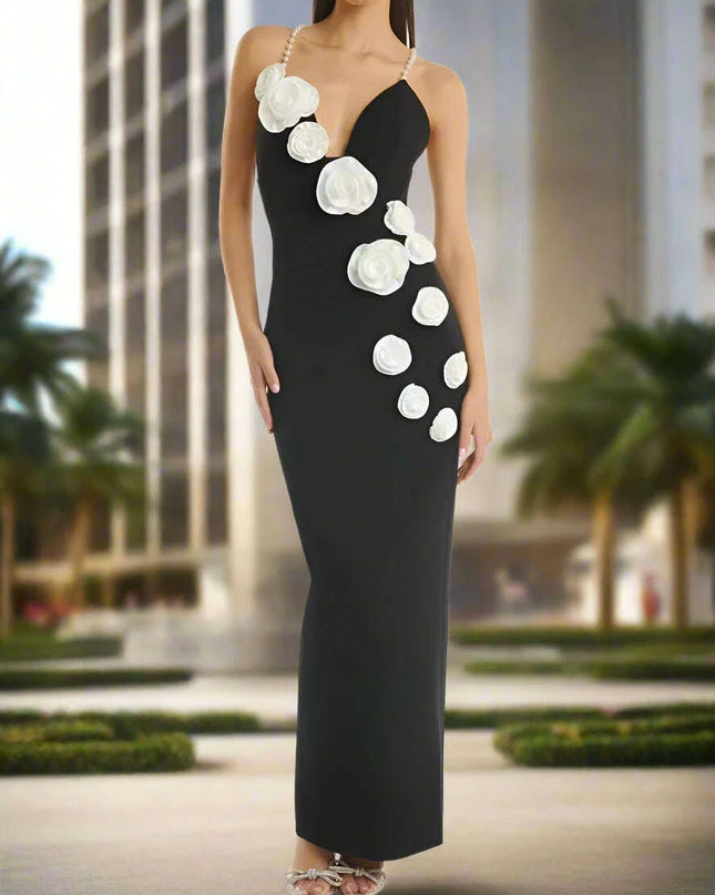 Elegant Contrast Pearl Slip Dress with 3D Floral Back Split for Women's Summer Evening Events - 2024 Collection