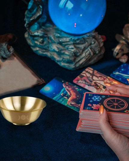 Mystical Copper Altar Bowl with Triple Moon and Pentacle Engravings for Spiritual Rituals