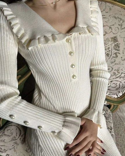 Elegant Vintage Ruffled Knit Maxi Dress - Long Sleeve Gown for Celebrations and Gatherings