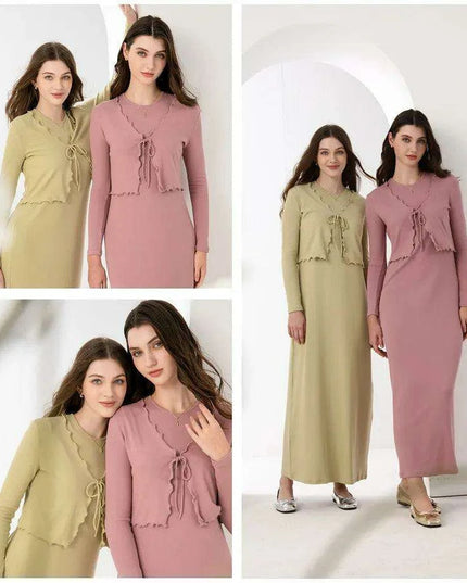 Elegant Ruffle Maxi Dress & Lettuce Edge Cardigan Set for Women