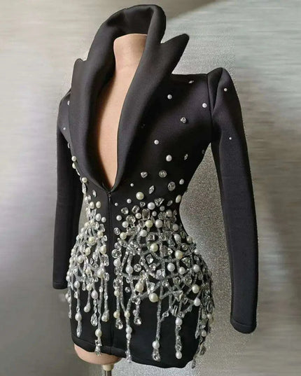 Midnight Elegance: Black Crystal Pearl Mini Dress with Chic Suit Collar