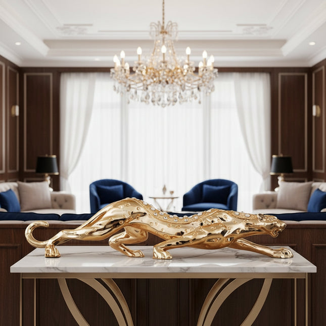 Luxury Resin Leopard Statue — Diamond Embellished, Gold or Silver, Two Sizes