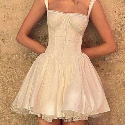 Stylish Vintage-Inspired White A-line Dress with Square Neckline - Sleeveless Summer Dress for Women, Ideal for Y2K Getaways