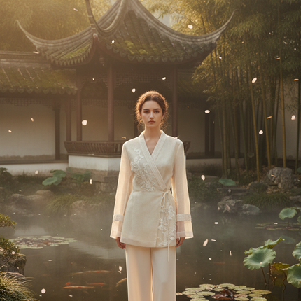 Chinese Embroidery V-Neck Mesh Shirt for Women