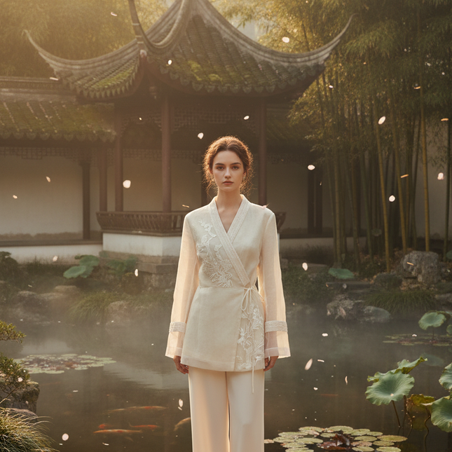 Chinese Embroidery V-Neck Mesh Shirt for Women