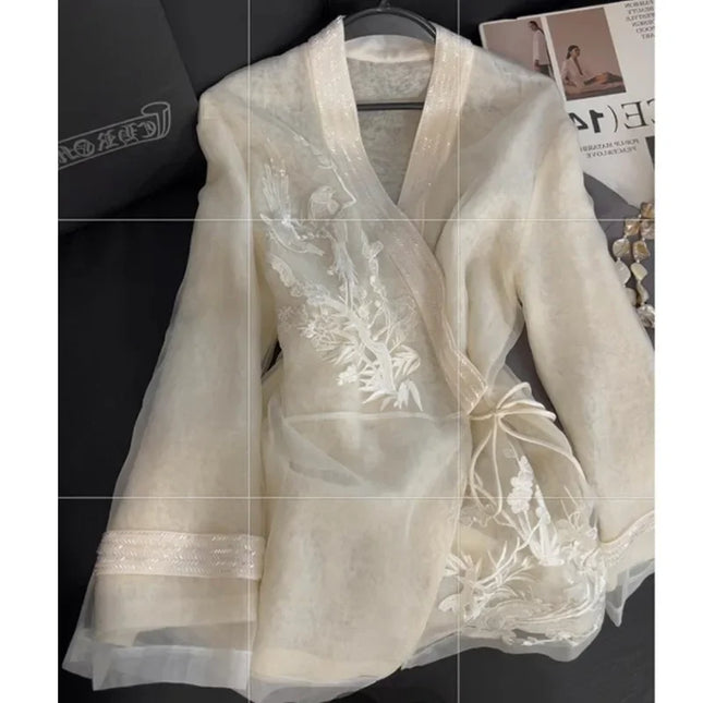 Chinese Embroidery V-Neck Mesh Shirt for Women