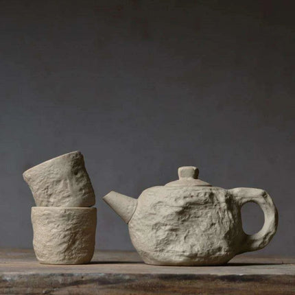 Artisanal Rustic Ceramic Teapot and Teacup Set with Hard Stone Finish