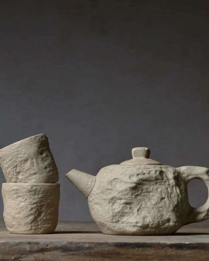 Artisanal Rustic Ceramic Teapot and Teacup Set with Hard Stone Finish
