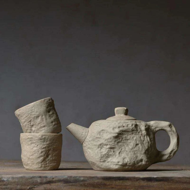 Artisanal Rustic Ceramic Teapot and Teacup Set with Hard Stone Finish