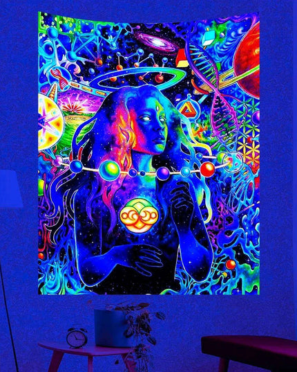 Celestial Enchantment Cosmic Wall Tapestry - Luminous Black Light Art for Celestial Harmony