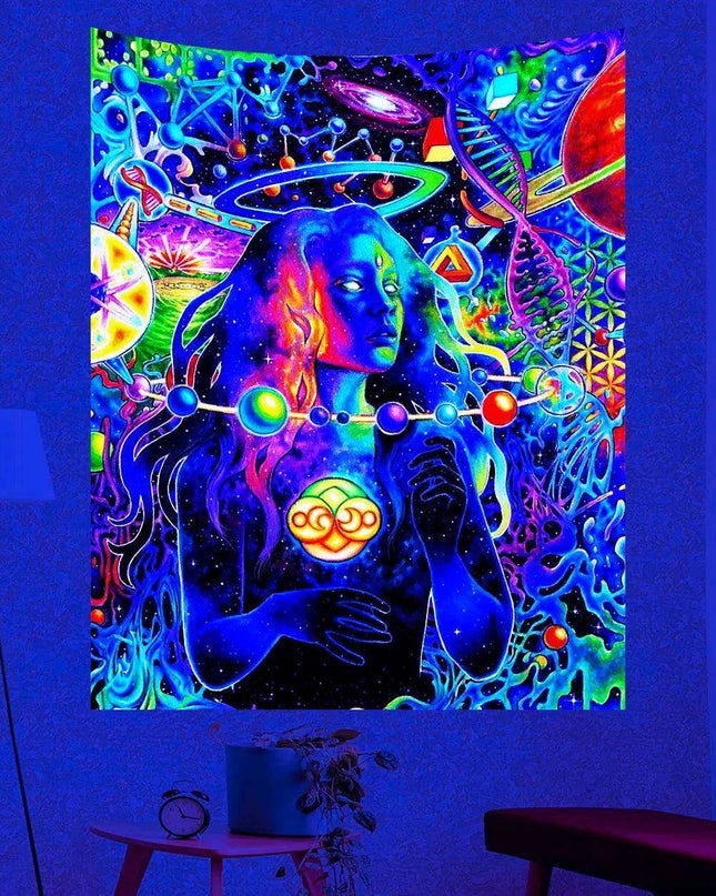 Celestial Enchantment Cosmic Wall Tapestry - Luminous Black Light Art for Celestial Harmony