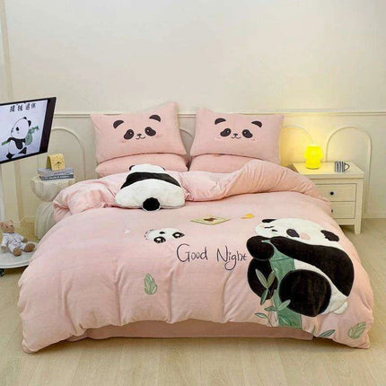 Charming Velvet Panda Bedding Set with Applique Details - Cozy Duvet Cover, Flat Sheet & Pillowcases for Various Bed Sizes