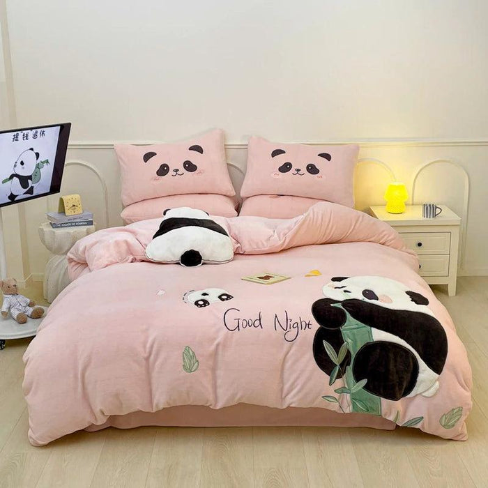 Charming Velvet Panda Bedding Set with Applique Details - Cozy Duvet Cover, Flat Sheet & Pillowcases for Various Bed Sizes