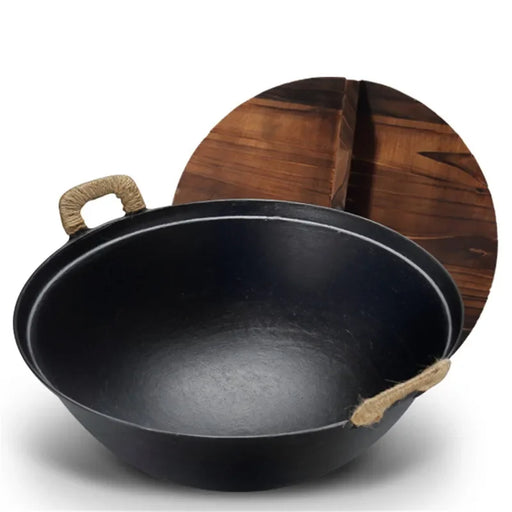 Handcrafted Cast Iron Wok with Lid - Round Bottom Non-Stick Pot for Kitchen Cooking