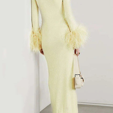 Sophisticated Women's Feathered Ankle-Length Dress with Stylish Lapel Sleeves for Autumn 2024