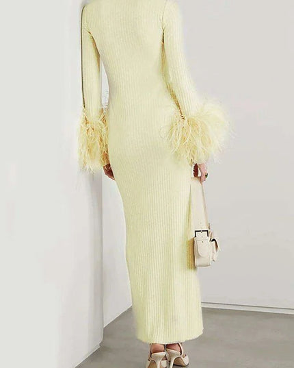 Sophisticated Women's Feathered Ankle-Length Dress with Stylish Lapel Sleeves for Autumn 2024