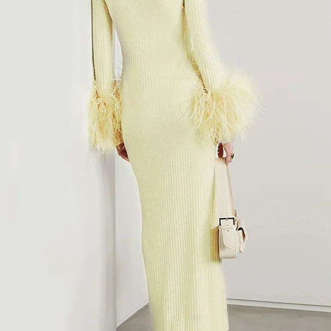 Sophisticated Women's Feathered Ankle-Length Dress with Stylish Lapel Sleeves for Autumn 2024