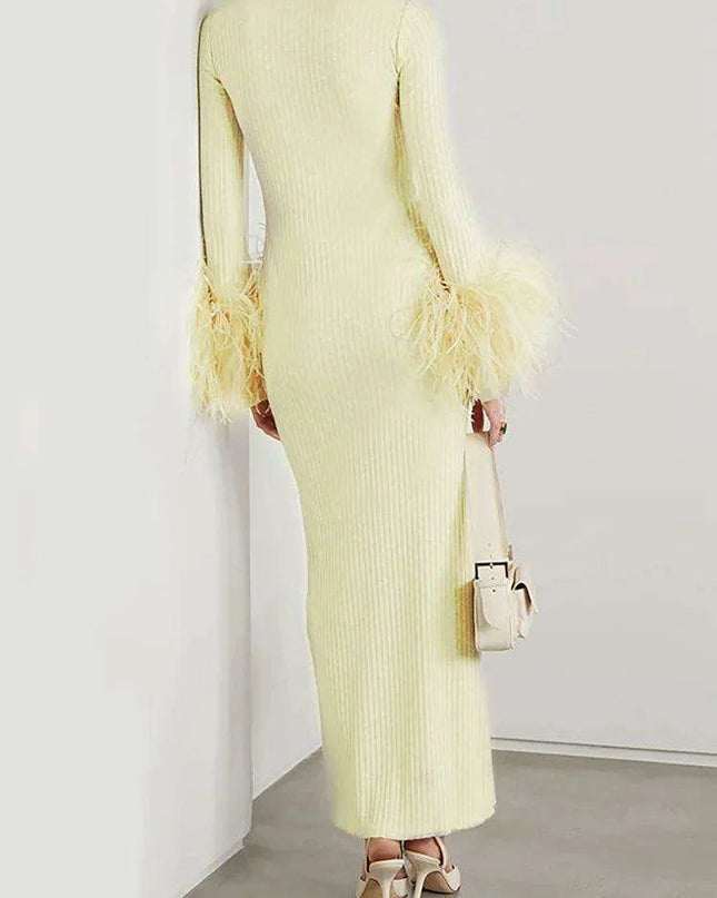 Sophisticated Women's Feathered Ankle-Length Dress with Stylish Lapel Sleeves for Autumn 2024