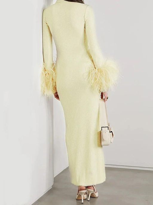 Sophisticated Women's Feathered Ankle-Length Dress with Stylish Lapel Sleeves for Autumn 2024
