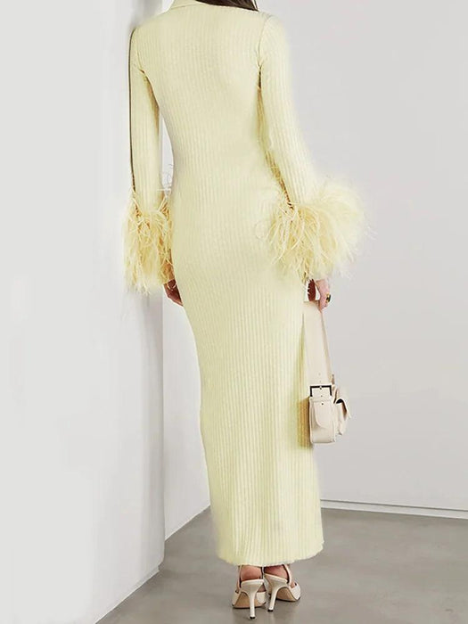 Sophisticated Women's Feathered Ankle-Length Dress with Stylish Lapel Sleeves for Autumn 2024