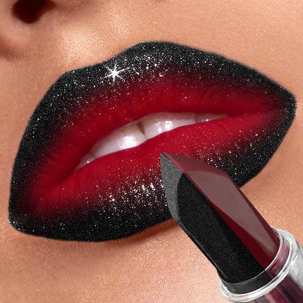 Two-Tone Black and Burgundy Glitter Lipstick, Long-Lasting Diamond-Cut Ombre Lip Tint