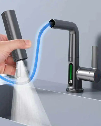 LED Waterfall Faucet with Temperature Display and Rotating Pull-Out Sprayer