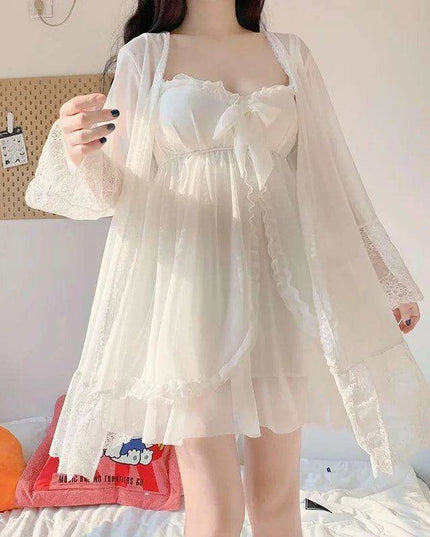 Sophisticated White Women's Lace Bow Sleepwear Collection - Chic Mesh Gown and Robe Set