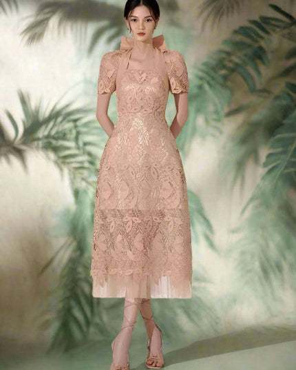 Elegant Bow-Detail Lace Halter Neck Dress for Women's Summer Events 2024