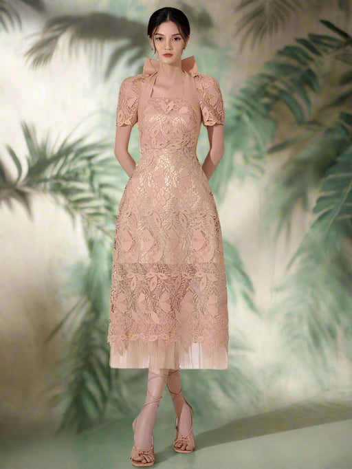 Elegant Bow-Detail Lace Halter Neck Dress for Women's Summer Events 2024