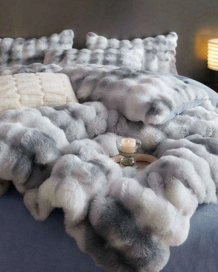 Luxurious Gradient Blue & Grey Faux Rabbit Fur Velvet Fleece Bedding Set with Sheets & Pillowcases