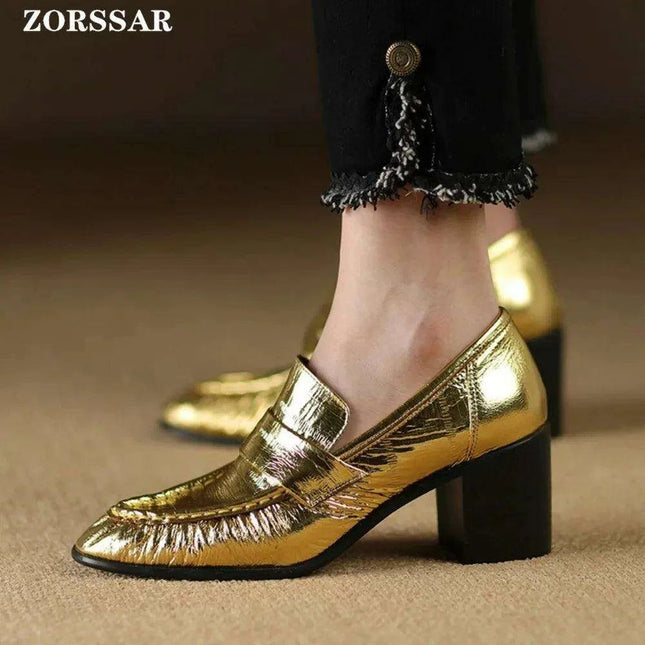 Chic Golden High Heel Chunky Loafers - Stylish Pumps for Women